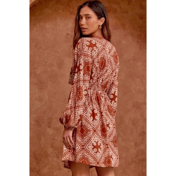 SOLD OUT Rust Patchwork Inspired Boho Long Dolman Sleeve Boho V-Neck Fall Dress - Picture 4 of 7